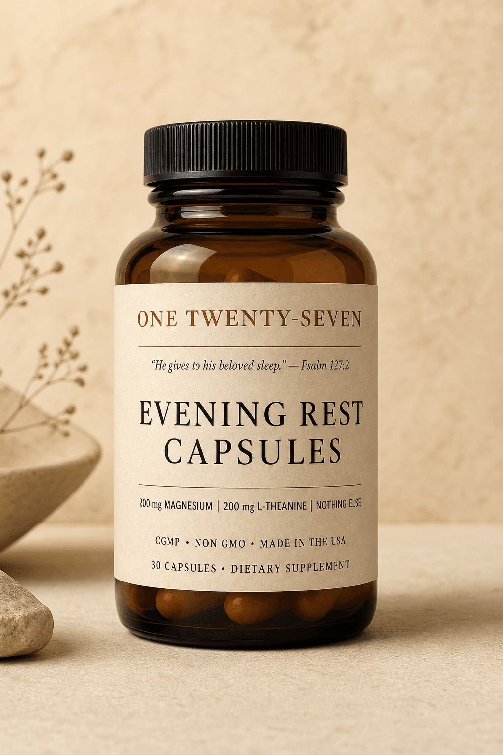 One Twenty-Seven evening rest capsules — amber bottle with a cream label listing 200 mg magnesium and 200 mg L-theanine